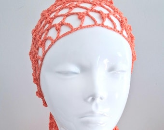 Orange Crochet Trellis Mesh Head Wrap/ Scarf/ Bandana