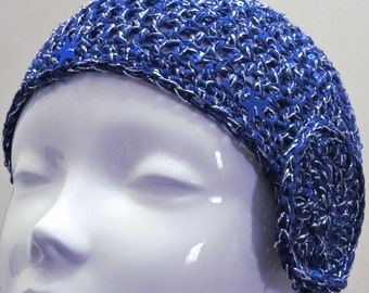 Crochet Beanie in Blue and Silver with Sequins, Abba Style Beanie with Sequins, Blue and Silver Skull Cap with Sequins