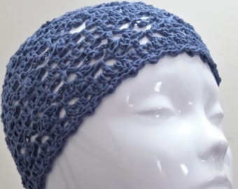 Crochet Lacy Beanie in Denim Blue, Crochet Petrol Blue Skull Cap