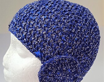 Crochet Beanie in Blue and Silver With 
