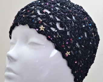 Black Crochet Beanie with Multi Colored Sequins, Black Galaxy Cluster Beanie with Sequins