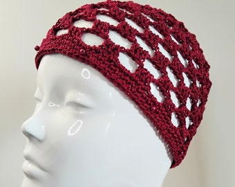 Red Glitter Square Mesh Crochet Skull Cap with Beads, Boho Sparkle Skull Cap in Red