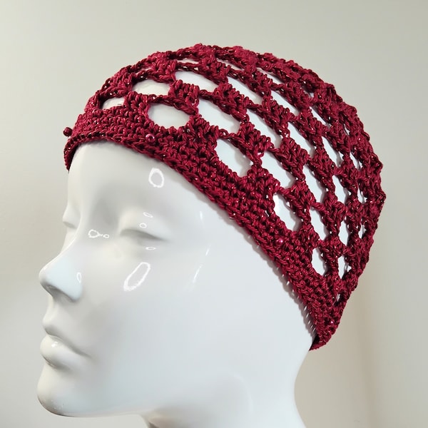 Red Glitter Square Mesh Crochet Skull Cap with Beads, Boho Sparkle Skull Cap in Red