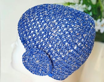 Blue Abba Style Crochet Beanie Hat with Silver Sequins