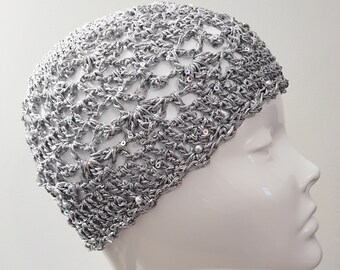 Crochet Silver Skull Cap with Sequins and Beads, Silver Sequined Skull Cap, Silver Sequin Party Skull Cap with Beads