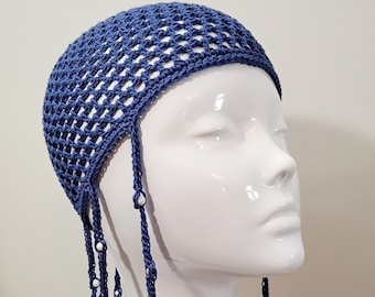 Braided Blue Mesh Crochet Skull Cap With Beads and Shells Braided Blue Mesh Crochet Skull Cap With Beads and Shells