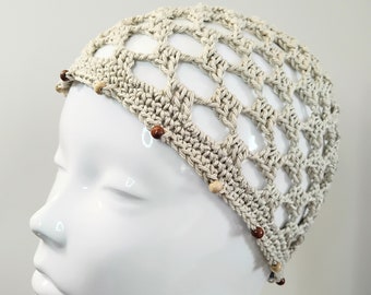 Ecru Mesh Crochet Skull Cap with Wooden Beads, Cream Beaded Cotton Beach Skull Cap