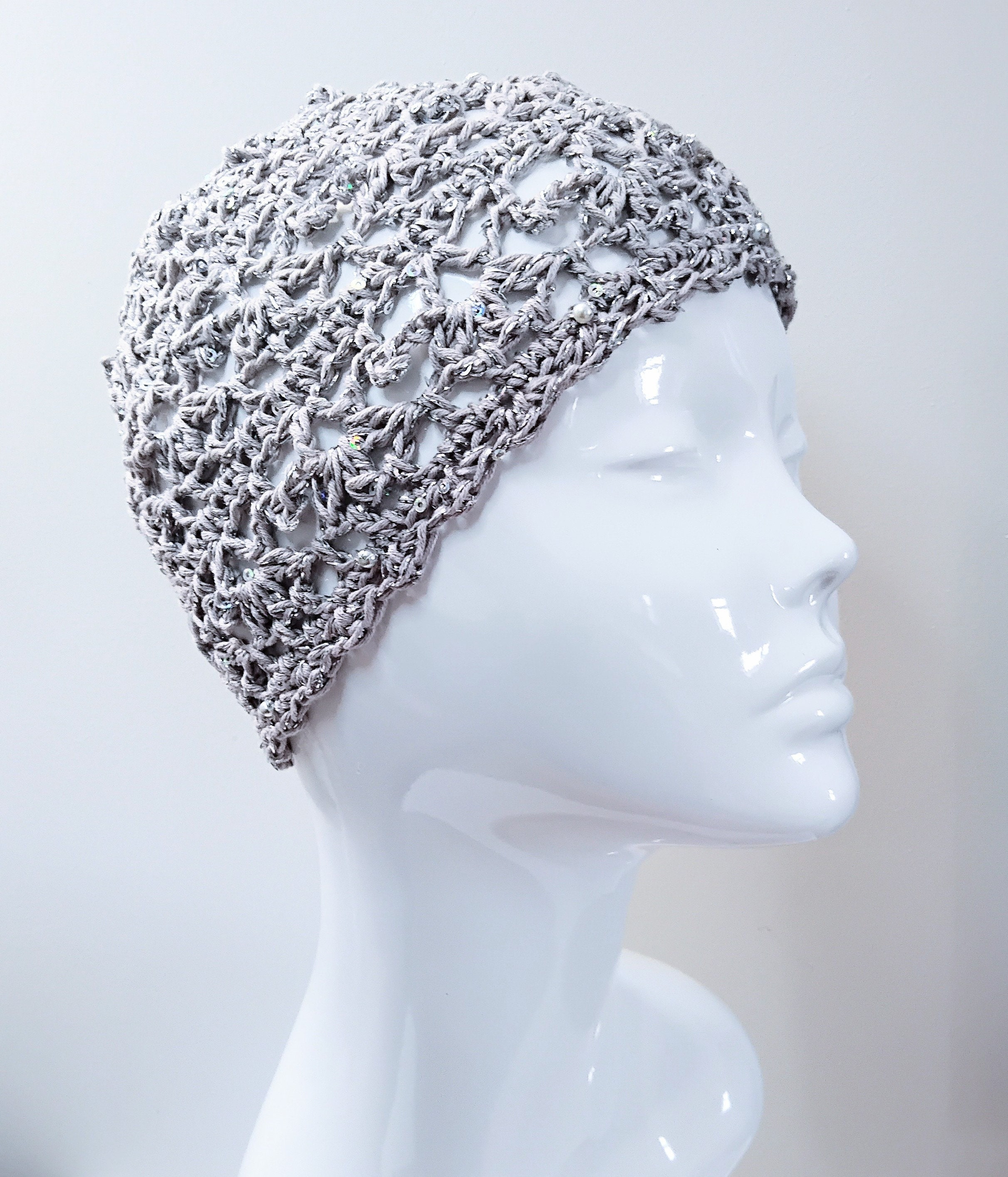 Crochet Silver Party Lacy Skull Cap With Sequins and Beads - Etsy