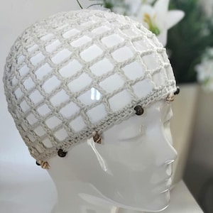 Crochet Cotton Net Mesh Skull Cap with Wooden Beads and Shells