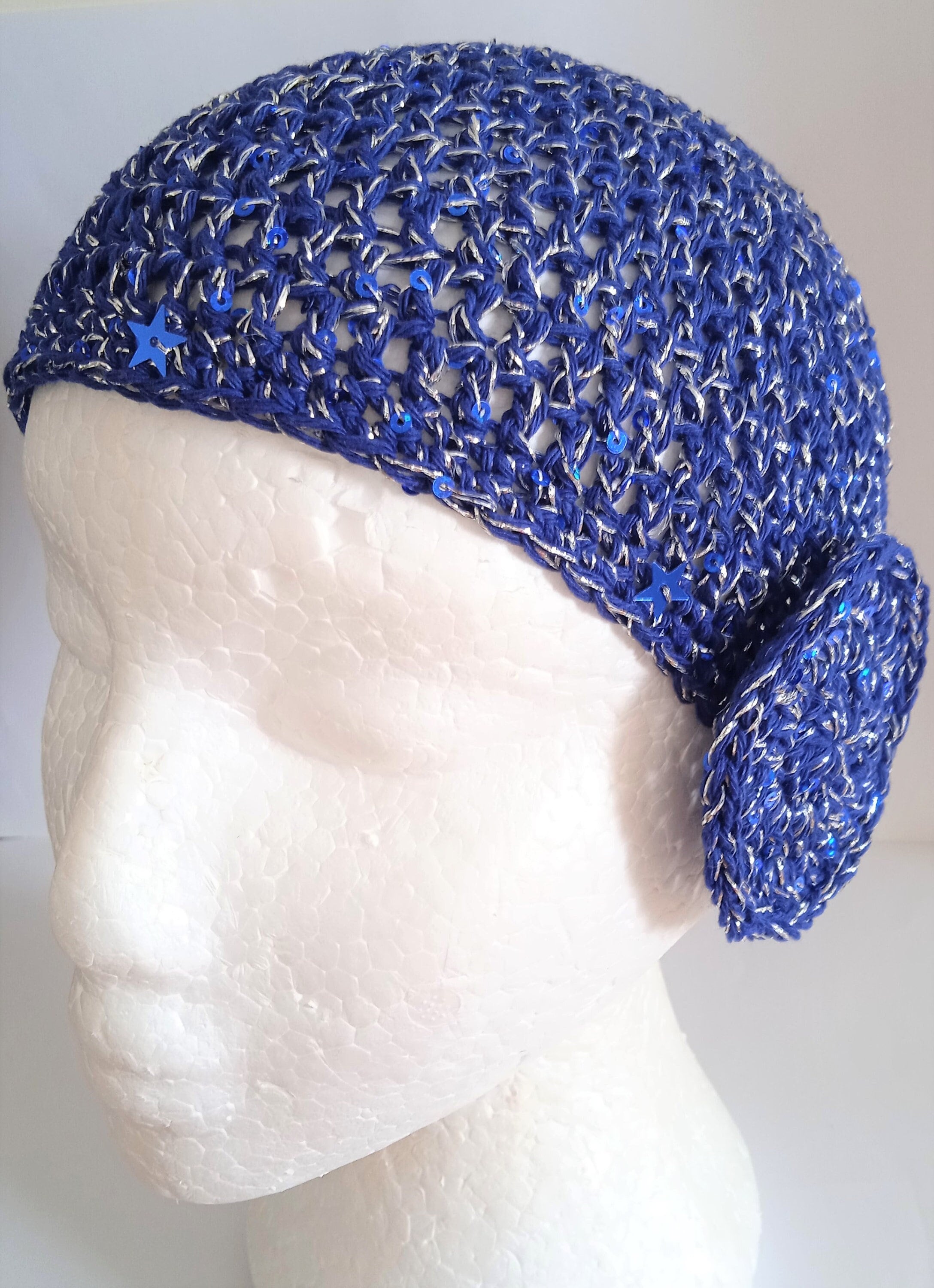 Crochet Beanie in Blue and Silver With Sequins Abba Style | Etsy UK