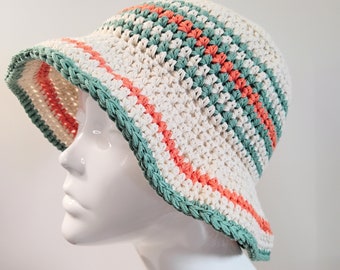 Crochet Bucket Hat in Cream with Green and Orange Stripes, Festival Bucket Hat, Retro Summer Bucket Hat, Packable Crochet Bucket Hat