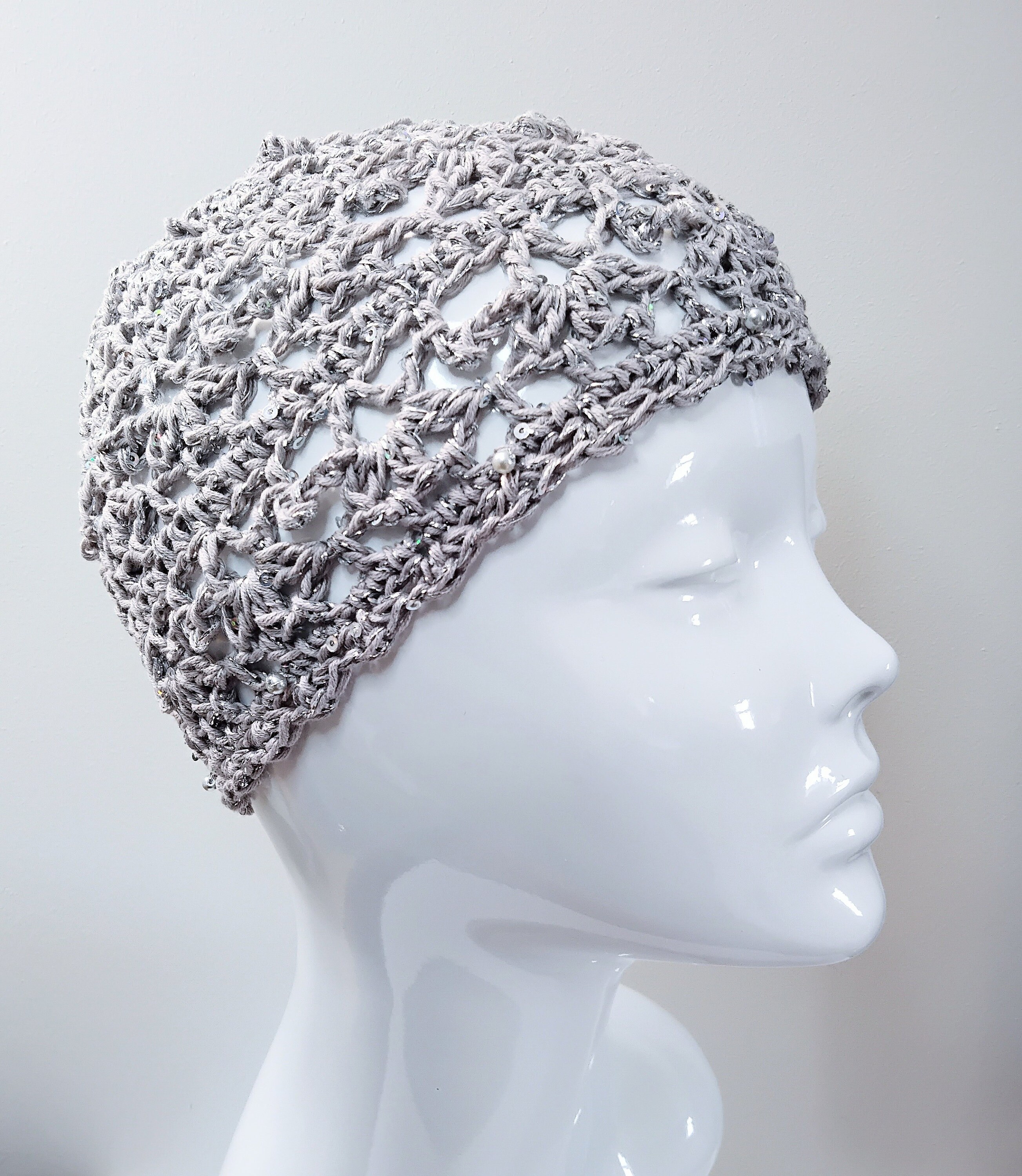 Crochet Silver Party Lacy Skull Cap With Sequins and Beads