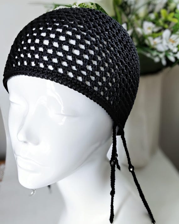 Crochet Black Mesh Skull Cap With Beaded Braids and Silver