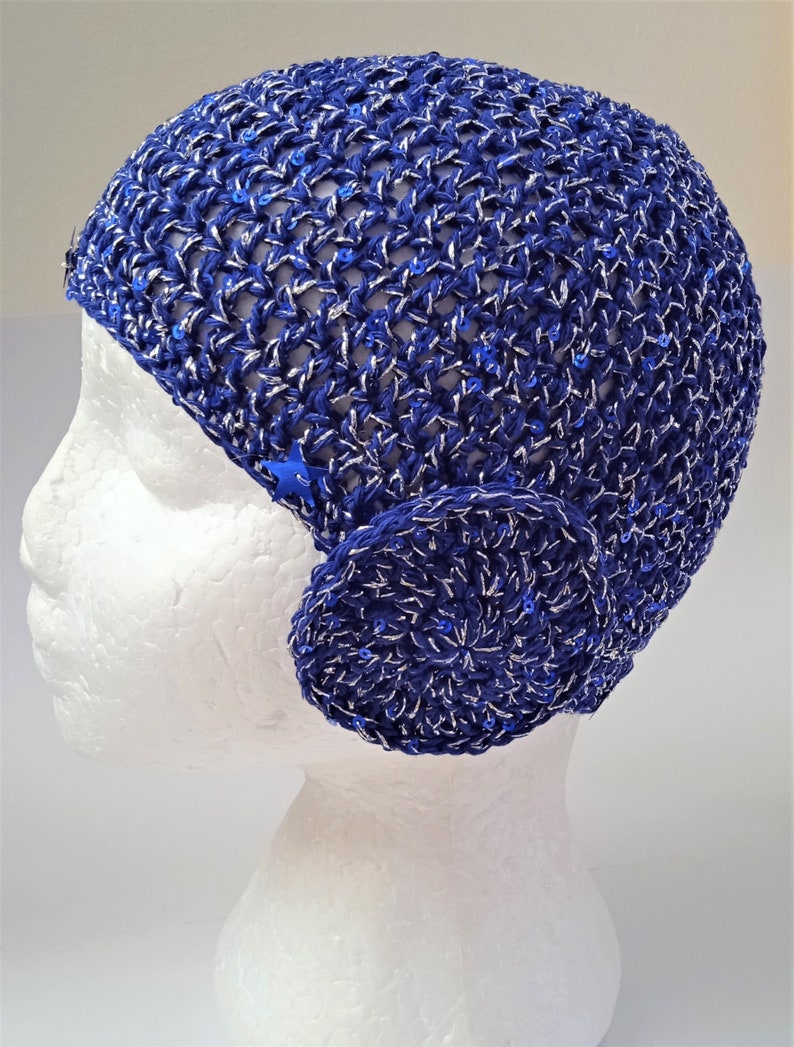 Crochet Beanie in Blue and Silver with Sequins, Abba Style Beanie with Sequins, Blue and Silver Skull Cap with Sequins 