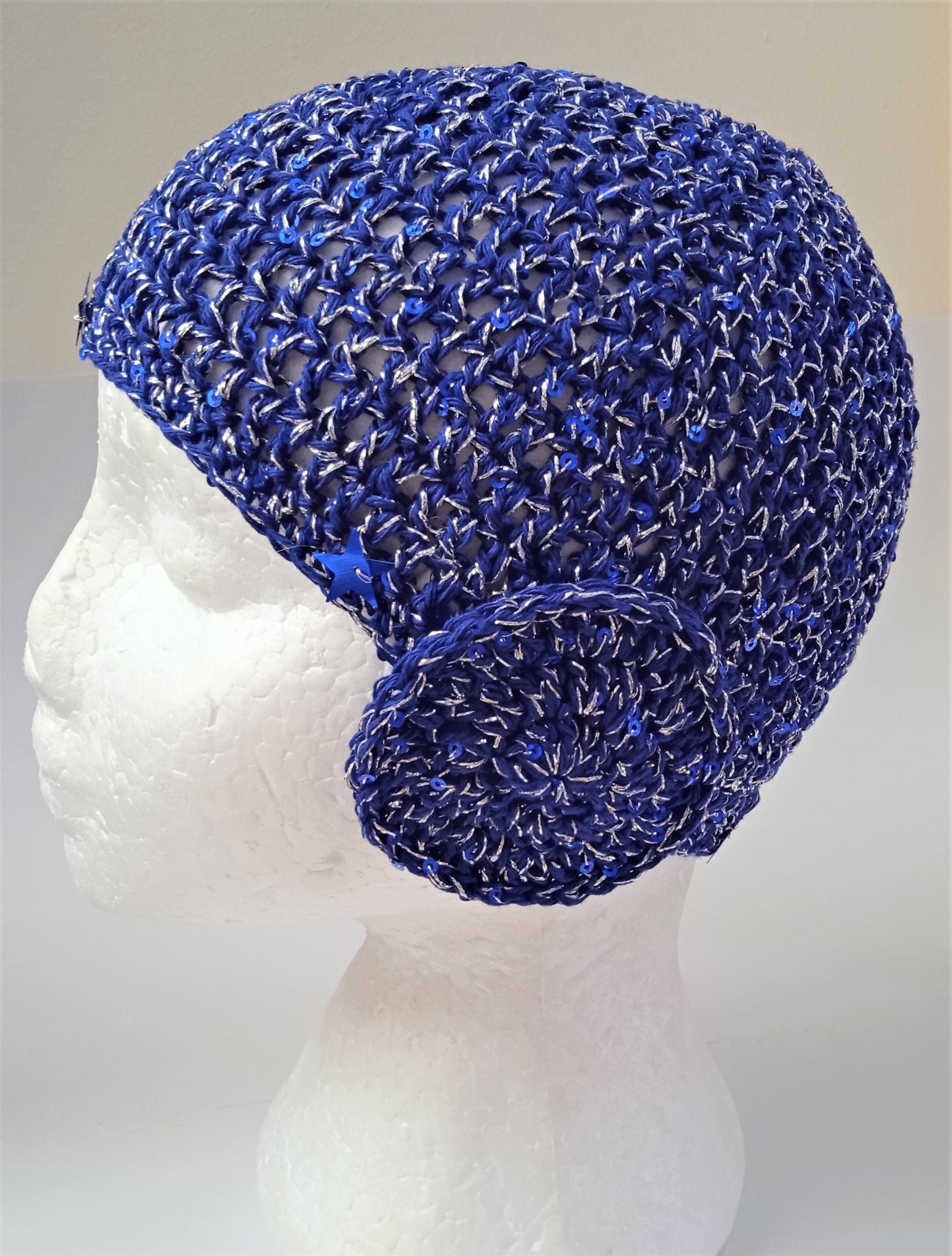 Crochet Beanie in Blue and Silver With 
