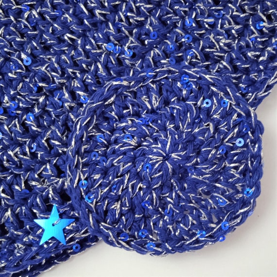 Crochet Beanie in Blue and Silver With 