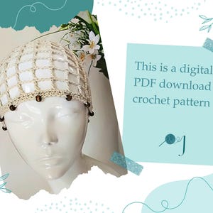 Modèle au crochet pour bonnet de plage en filet perlé rédigé en anglais en utilisant des termes de crochet américains. Télécharger le PDF