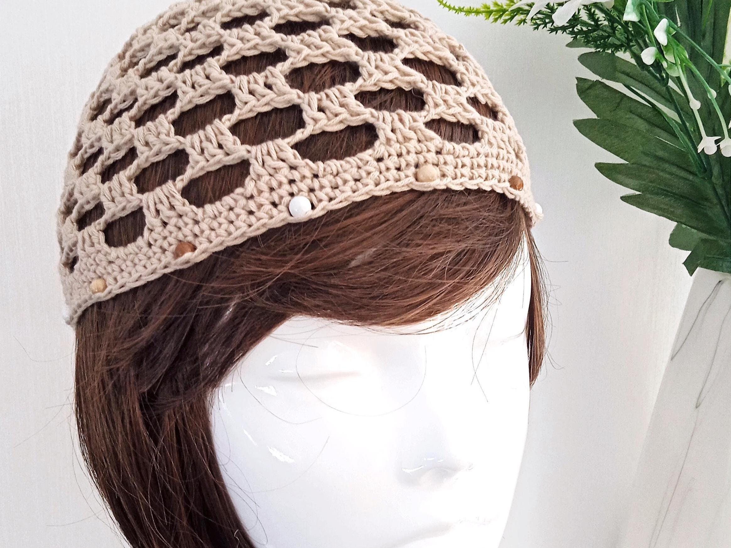 Crochet Square Mesh Skull Cap: Ecru Cotton Boho Beach Hat 