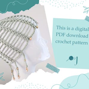 May include: A crocheted head covering in a light green hue, adorned with small wooden beads and dangling embellishments. The design features an open, net-like pattern. Text on the image reads: "This is a digital PDF download crochet pattern."