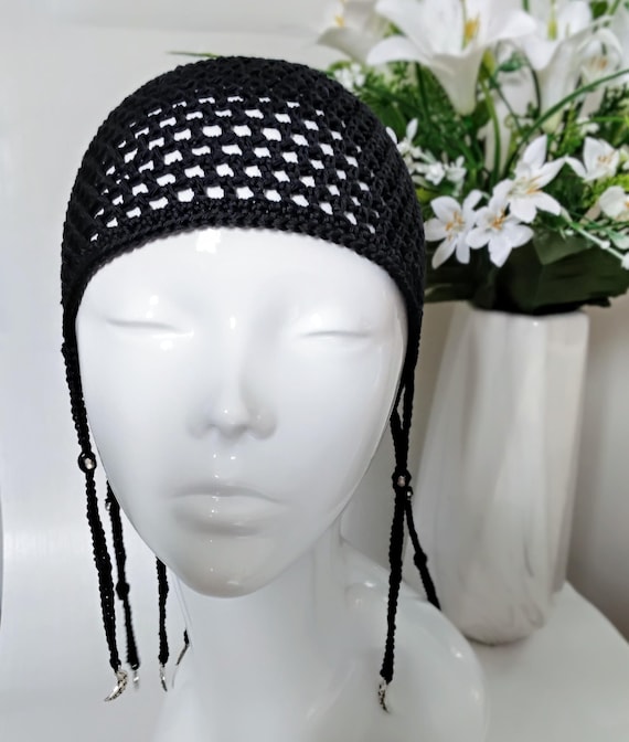 Crochet Black Mesh Skull Cap With Beaded Braids and Silver