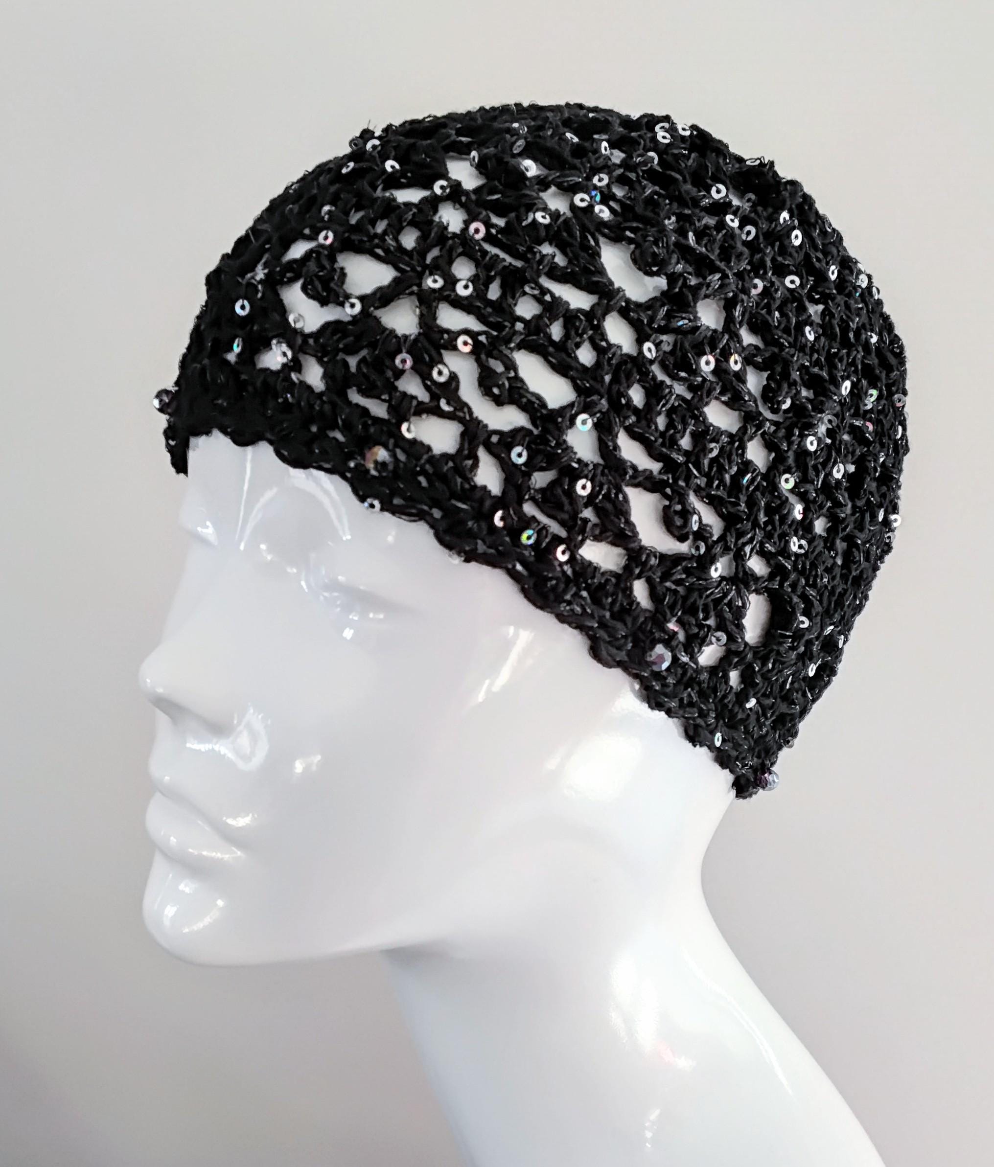 Crochet Black Sparkle Lacy Skull Cap With Silver Sequins and Beads