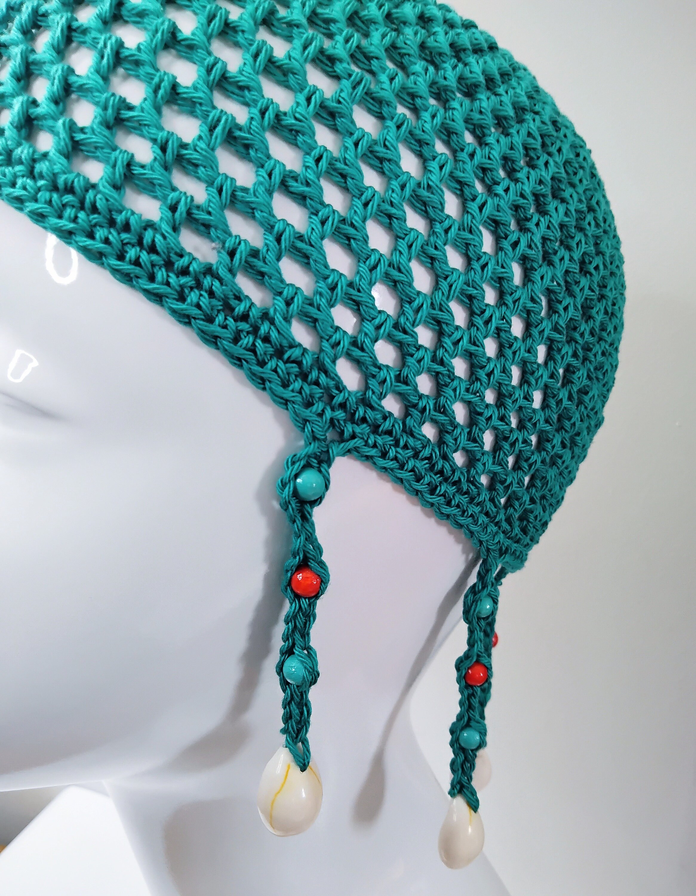Braided Teal Green Mesh Crochet Skull Cap With Beads and Braided Teal Green Mesh Crochet Skull Cap With Beads and