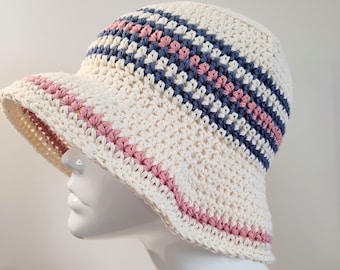 Crochet Bucket Hat in Cream with Blue and Pink Stripes, Festival Bucket Hat, Retro Summer Bucket Hat, Packable Crochet Bucket Hat