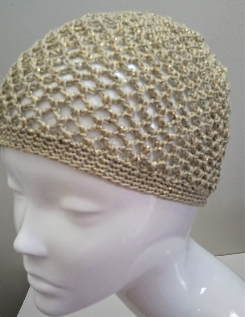 Pale Gold Sparkle Skull Cap, Champagne Gold Gehaakte Mesh Skull Cap afbeelding 4