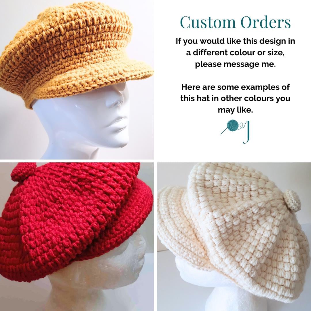 Crochet Newsboy Cap in Russet With Navy Lining, Orange Wool  display picture 3