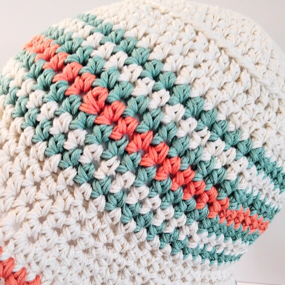 Crochet Cotton Sun Bucket Hat in Cream With Green and Orange  display picture 1