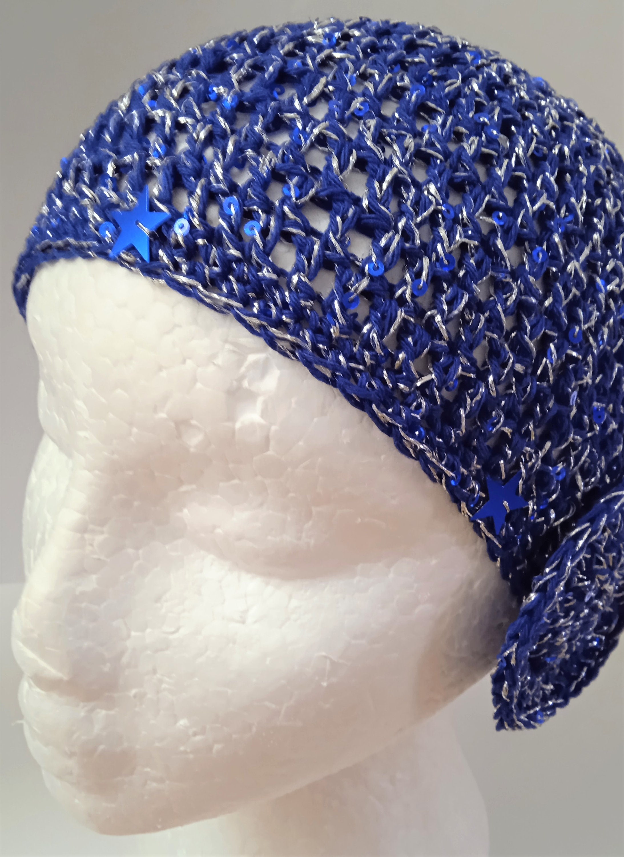 Crochet Beanie in Blue and Silver With 