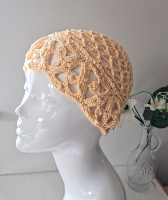 Beaded Crochet Triangular Mesh Skull Cap in Butter Yellow - Etsy