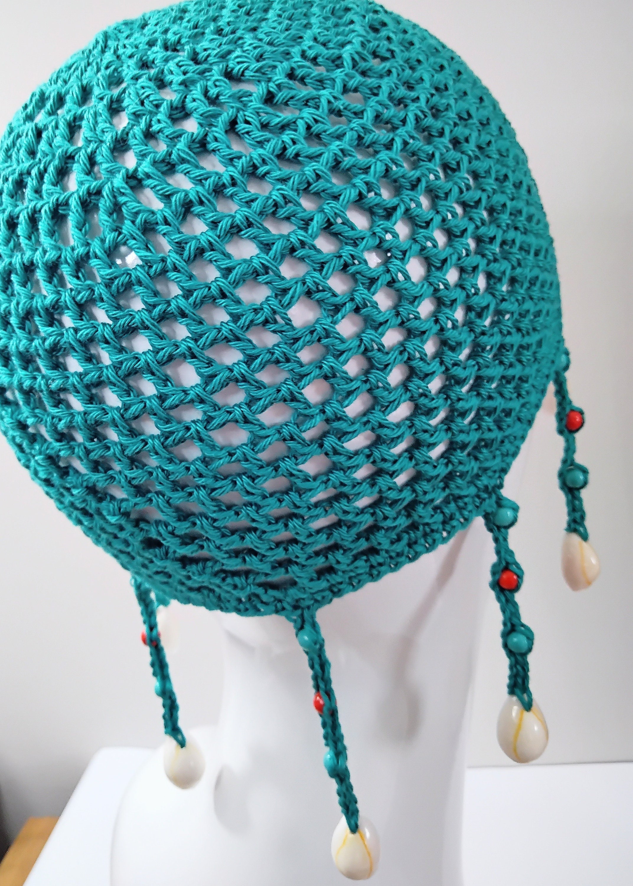 Braided Teal Green Mesh Crochet Skull Cap With Beads and Braided Teal Green Mesh Crochet Skull Cap With Beads and