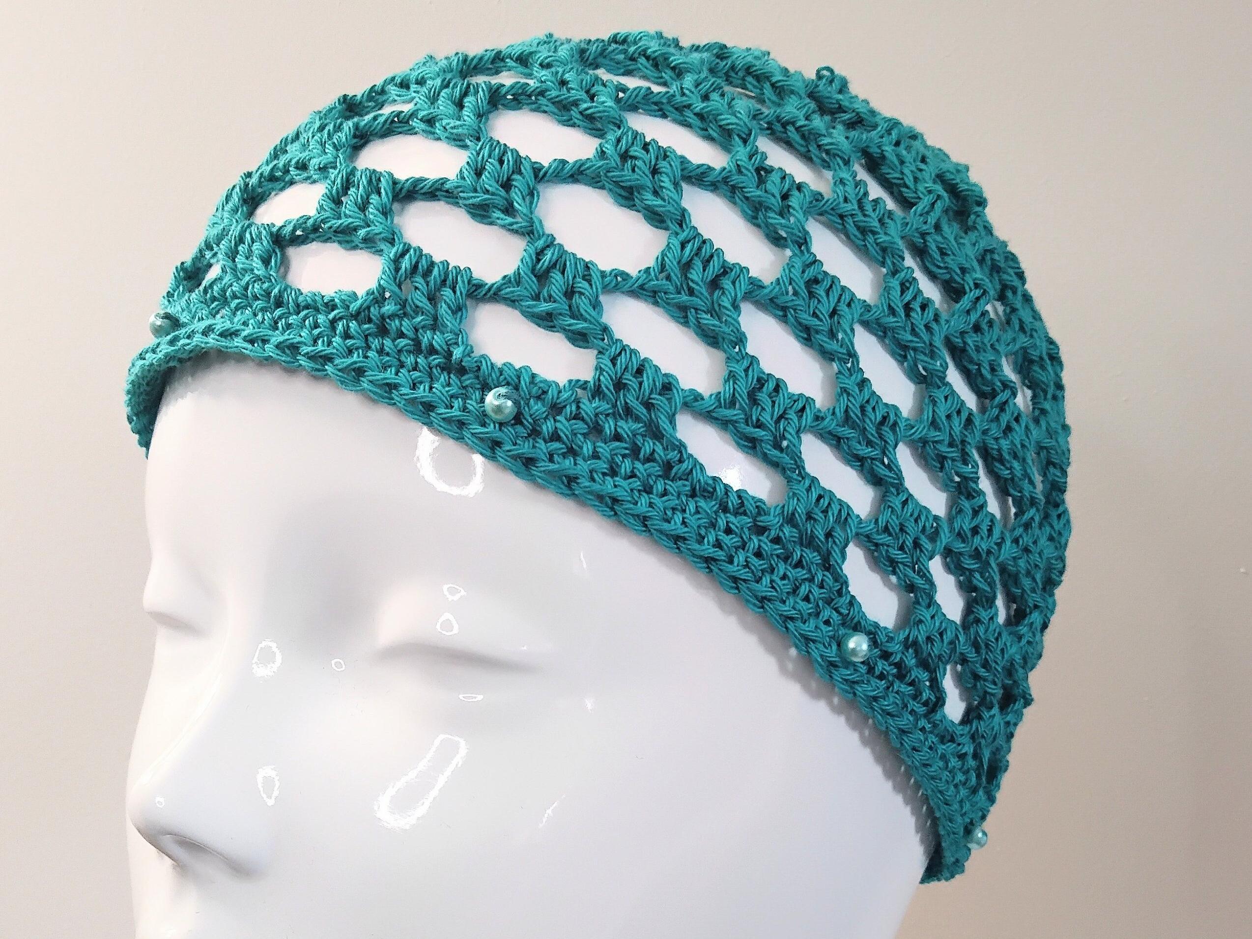 Teal Green 1970s Style Retro Square Mesh Crochet Skull Cap  display picture 2