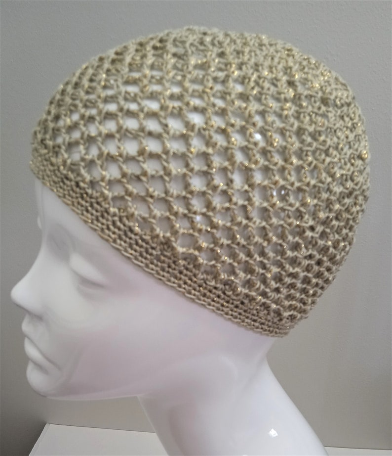 Pale Gold Sparkle Skull Cap, Champagne Gold Gehaakte Mesh Skull Cap afbeelding 3