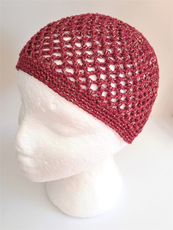 Red and Gold Sparkle Skull Cap Crochet Mesh Skull Cap in Red Etsy UK