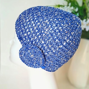 Blue Abba Style Crochet Beanie Hat with Silver Sequins