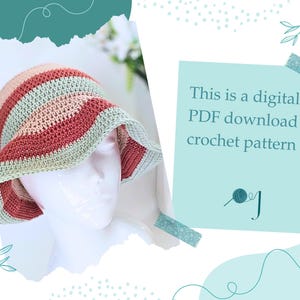 May include: A crocheted sun hat in shades of peach, red, and green, displayed on a mannequin head. The hat features a wide brim and striped pattern. Text on a blue background reads: "This is a digital PDF download crochet pattern."