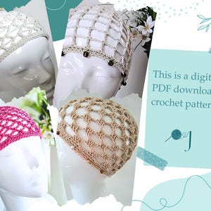 Puede incluir: Un collage de gorros de ganchillo en varios colores, incluyendo blanco, beige y rosa. Los gorros se muestran en cabezas de maniquí. La imagen incluye el texto: "Este es un patrón de ganchillo de descarga digital en PDF."