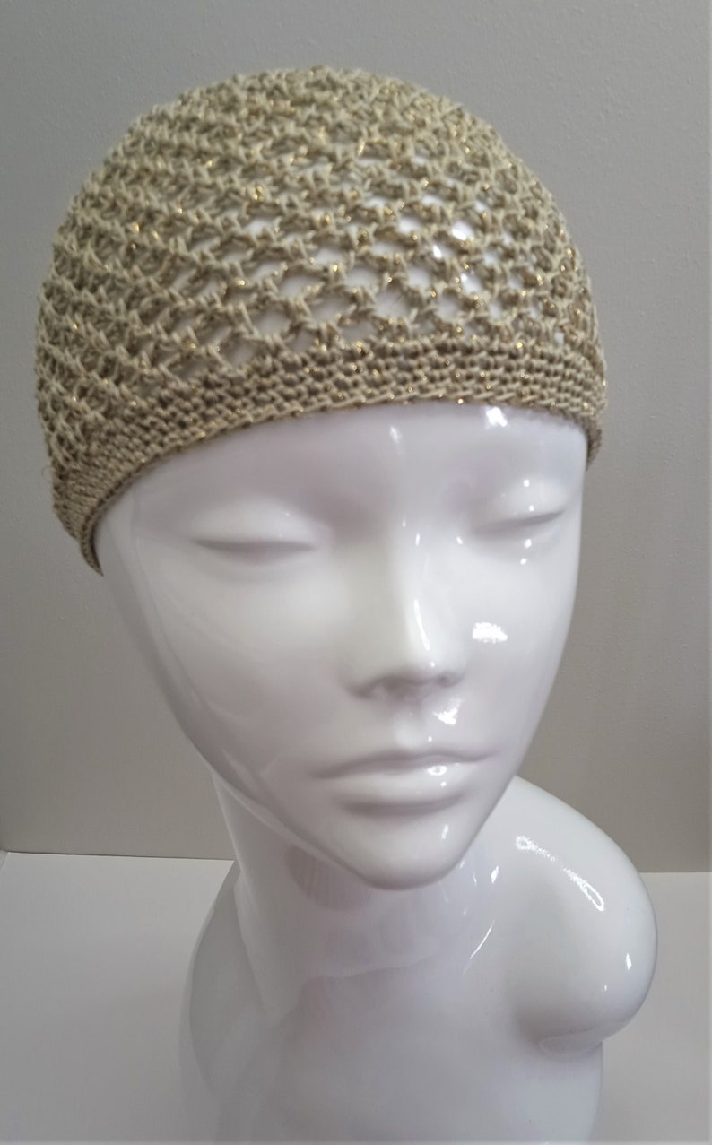 Pale Gold Sparkle Skull Cap, Champagne Gold Gehaakte Mesh Skull Cap afbeelding 1