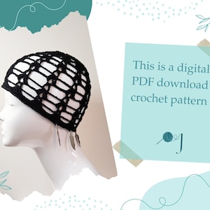 May include: A black crochet hat with a lacy design. This is a digital PDF download crochet pattern.