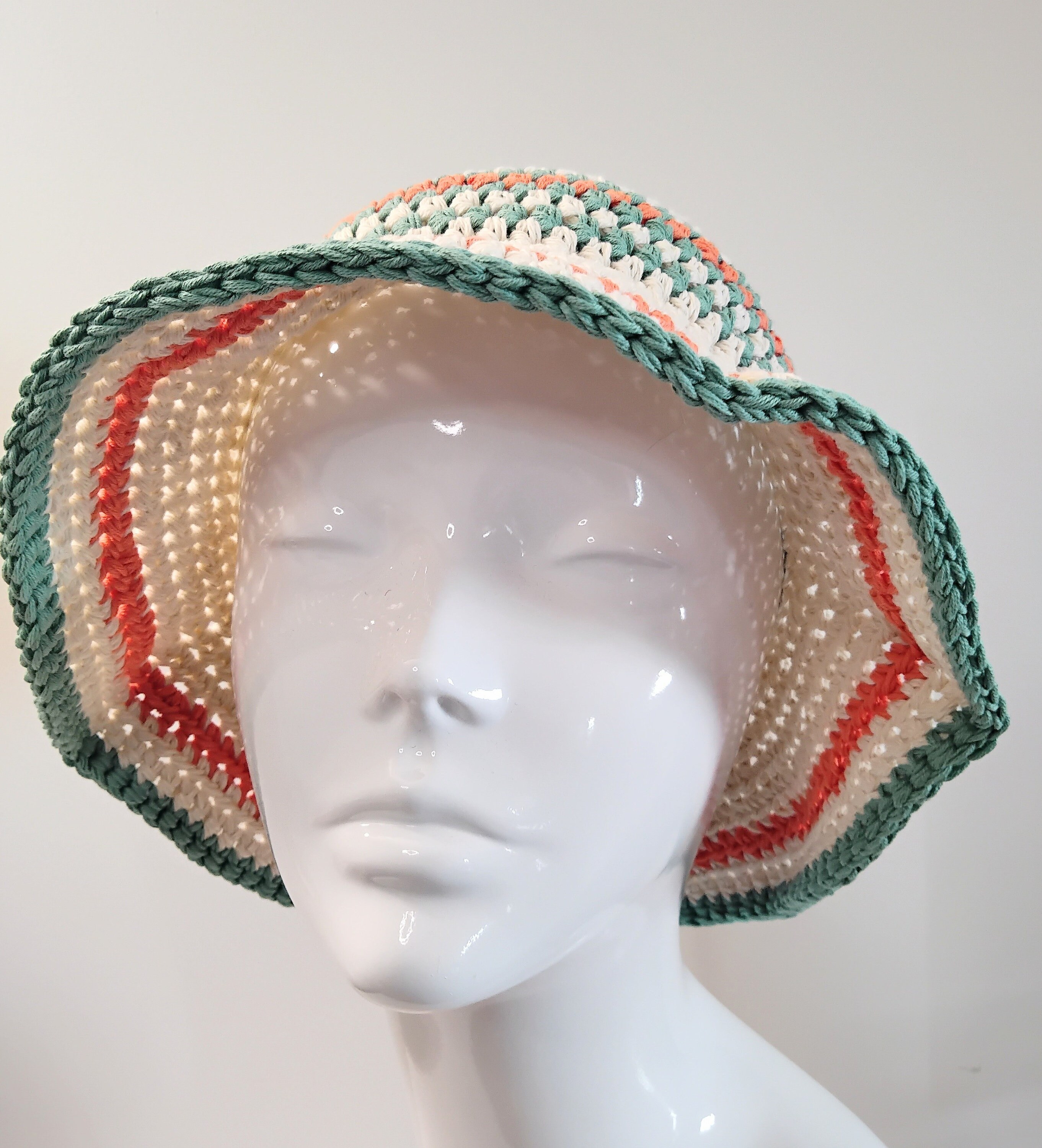Handmade Crochet Bucket Hat Organic Cotton Cream and Green Crochet Pattern: Forest Spirit Bucket Hat – HELLOhappy main image 3