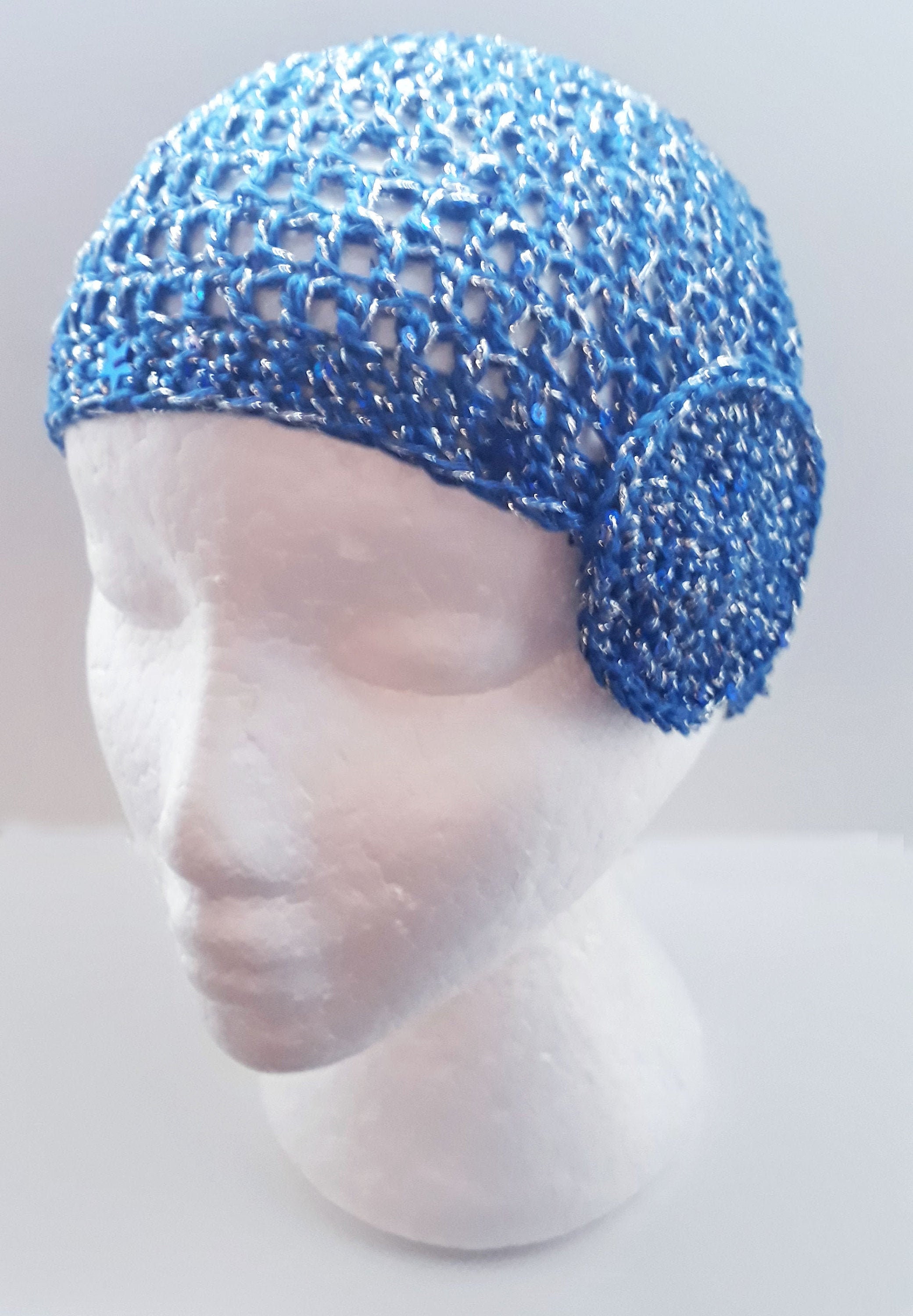 Crochet Beanie In Blue And Silver With Sequins Abba Beanie Etsy