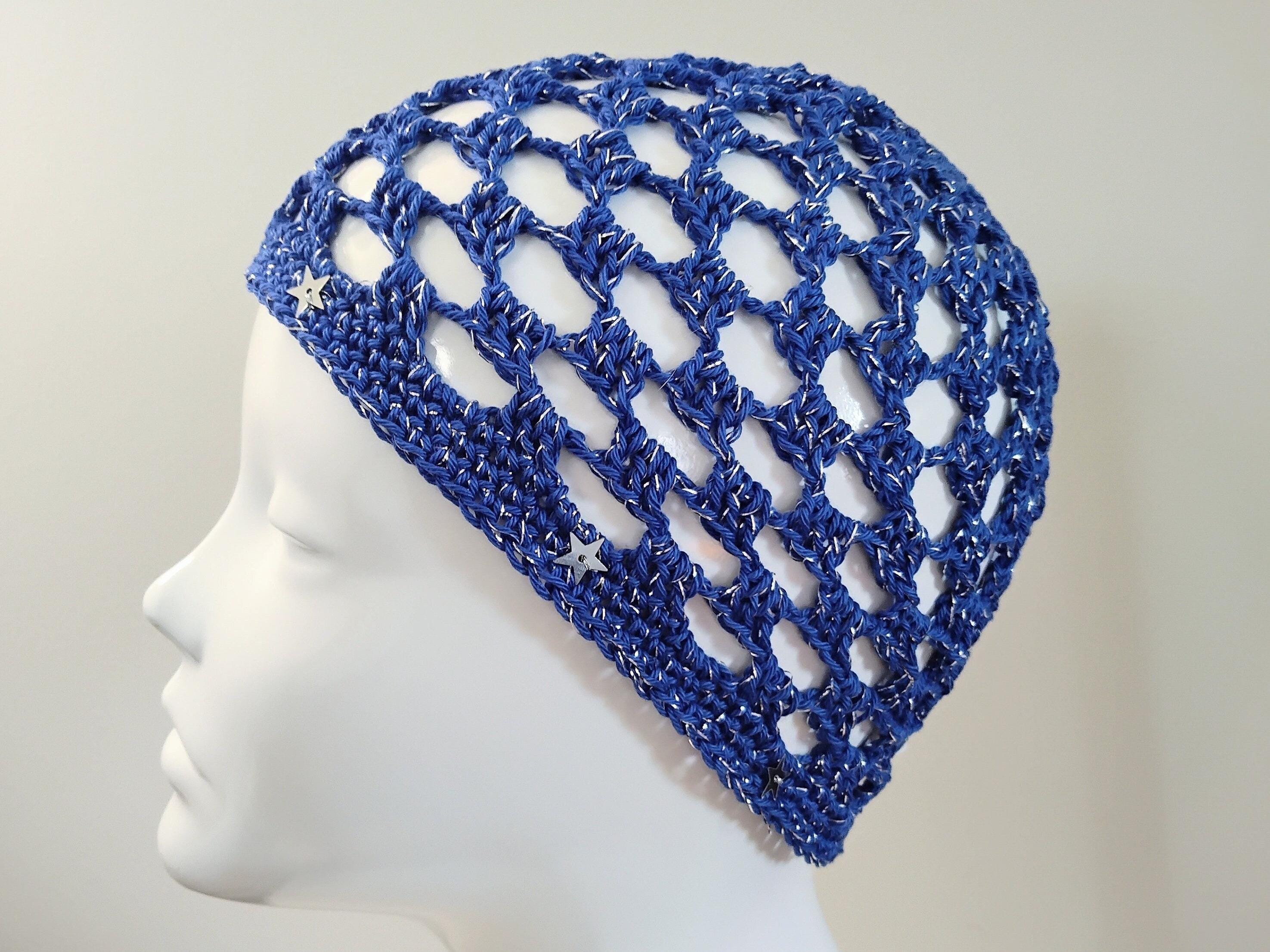 Blue and Silver Sparkle Square Mesh Crochet Boho Skull Cap With