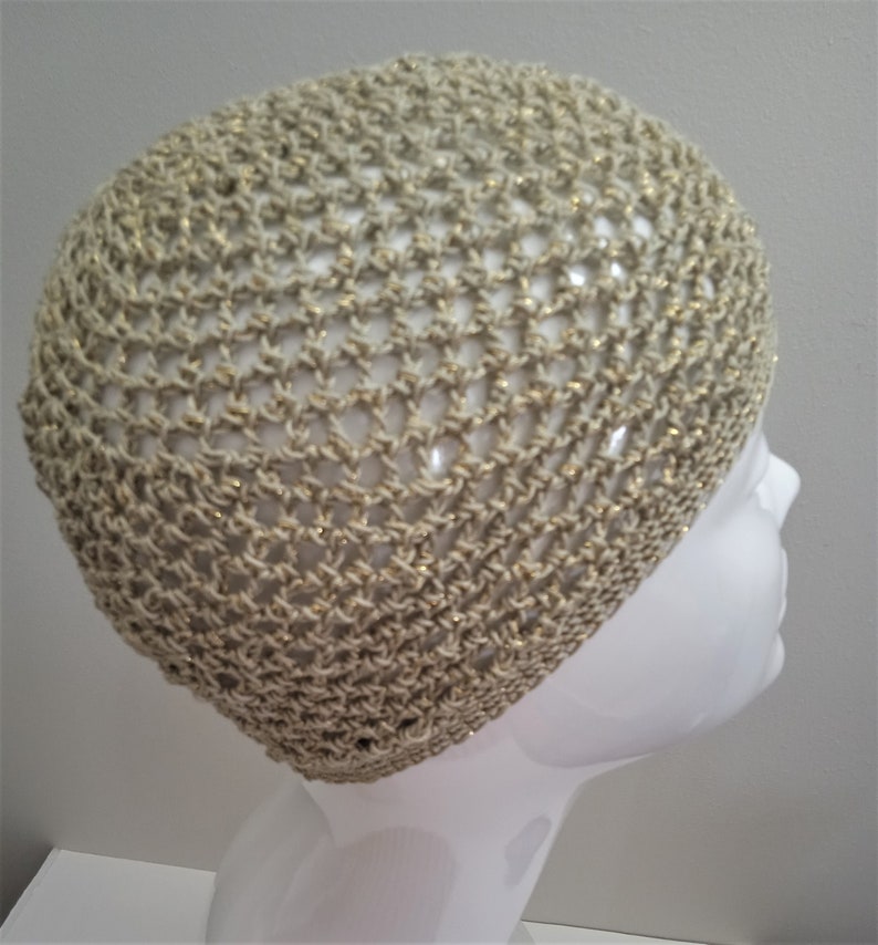 Pale Gold Sparkle Skull Cap, Champagne Gold Gehaakte Mesh Skull Cap afbeelding 7