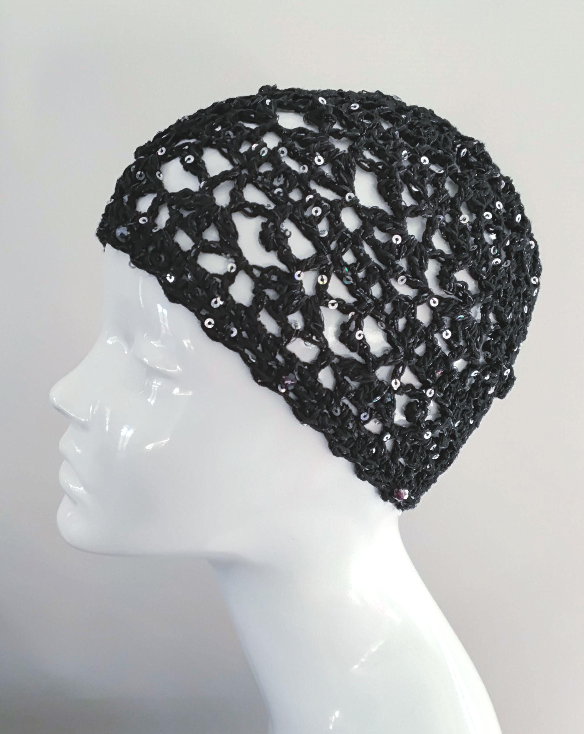 Crochet Black Sparkle Lacy Skull Cap With Silver Sequins and Beads