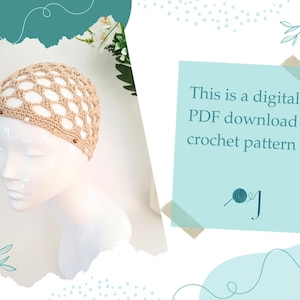 Puede incluir: Un patrón de crochet para un gorro de crochet beige con un diseño de panal. El texto "This is a digital PDF download crochet pattern" está sobre un fondo azul claro.