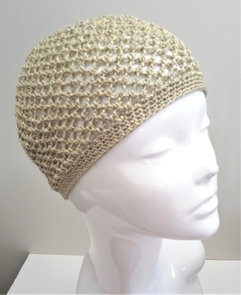 Pale Gold Sparkle Skull Cap, Champagne Gold Gehaakte Mesh Skull Cap afbeelding 8