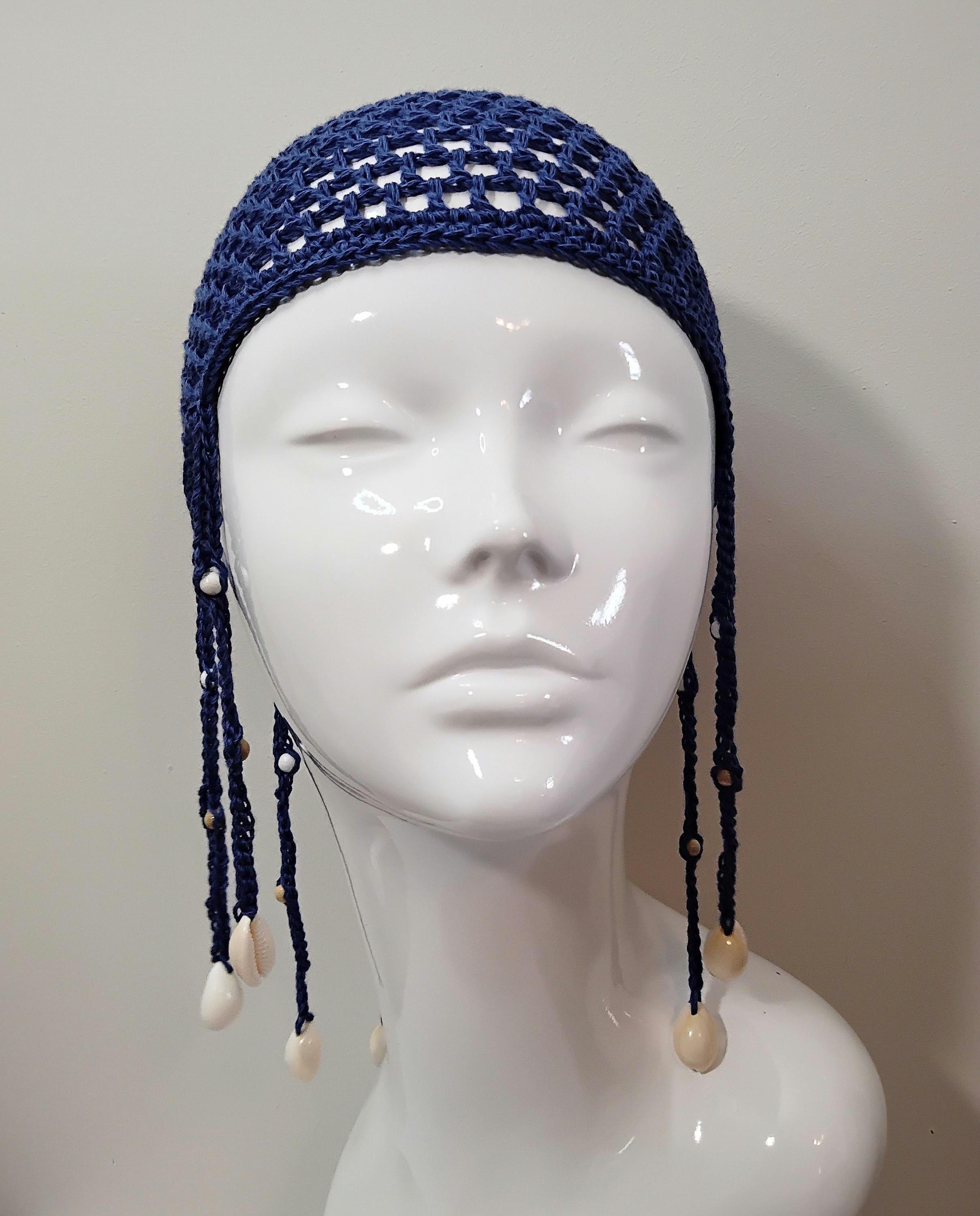 Braided Blue Mesh Crochet Skull Cap With Beads and Shells