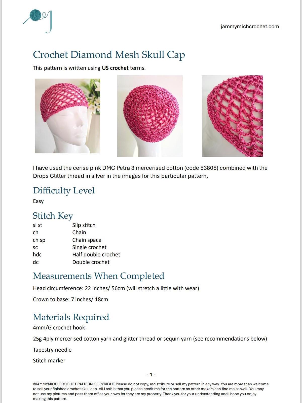 Crochet Skull Cap Pattern, Diamond Mesh Party Hat (PDF  display picture 1